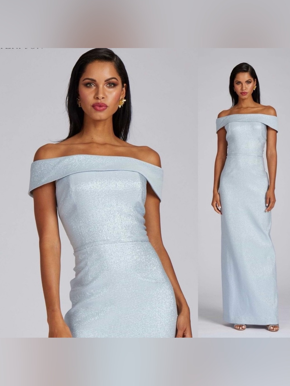 RICKIE FREEMAN Teri Jon Jacquard Off The Shoulder Column Gown Ice Blue MOTB Maxi